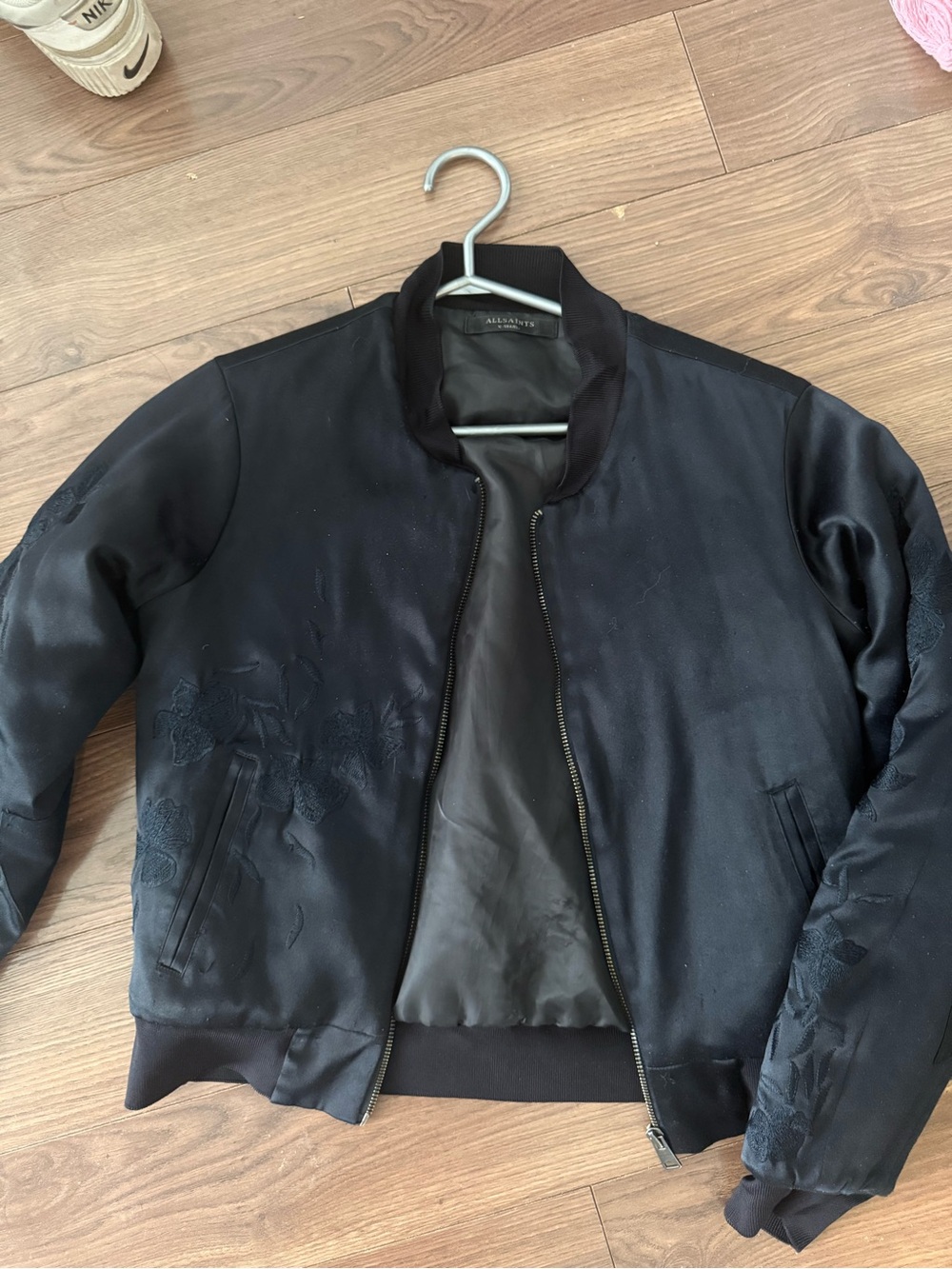 All Saints Navy Satin Bomber Jacket with Subtle Embroidery